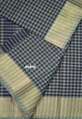 Grey and Blue - Classic Kanchi cotton Muthukattam with Zari Border without Blouse - Best for Temple Visit