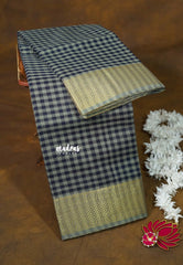 Grey and Blue - Classic Kanchi cotton Muthukattam with Zari Border without Blouse - Best for Temple Visit
