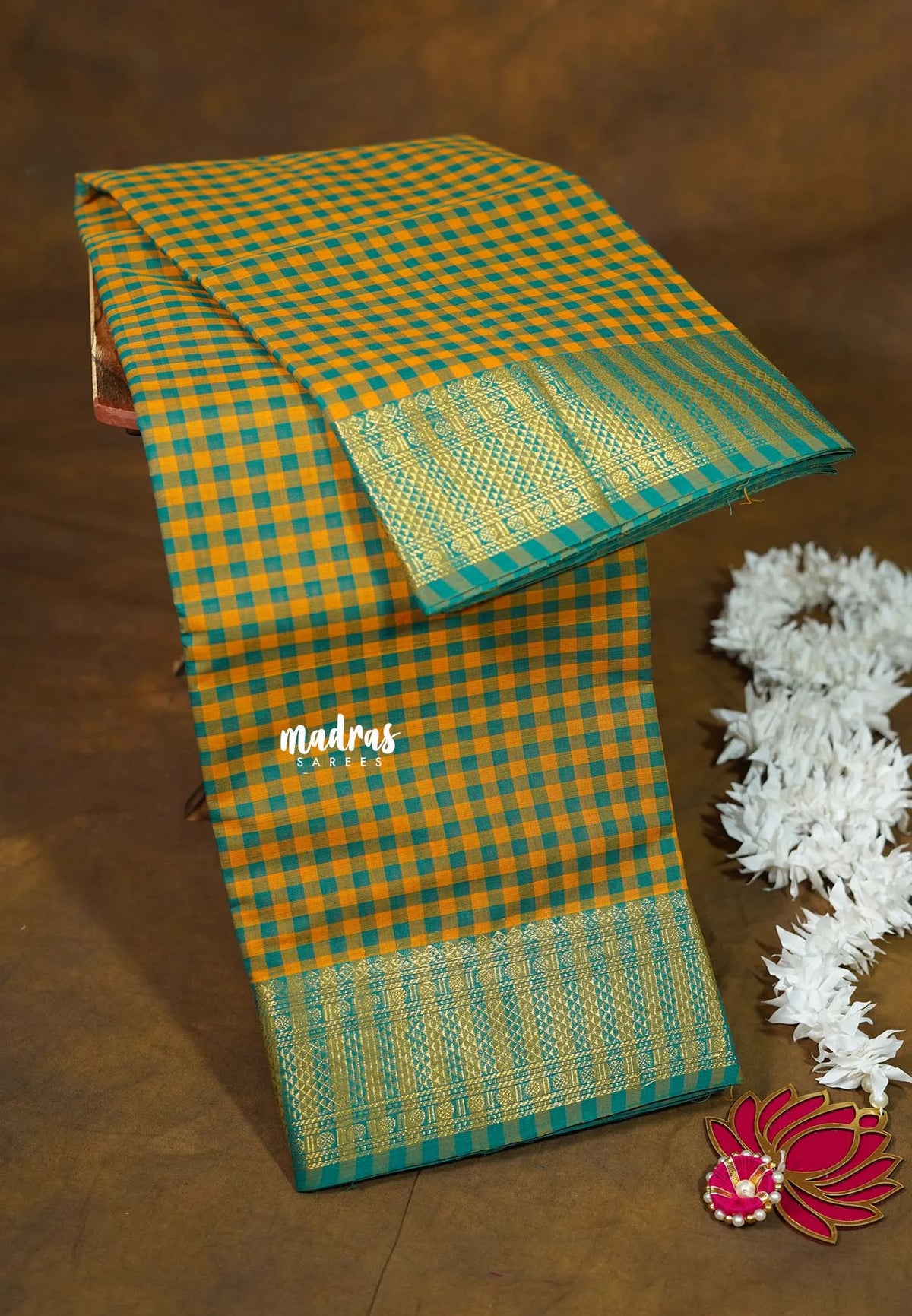 Yellow with Green - Classic Kanchi cotton Muthukattam with Zari Border without Blouse - Best for Temple Visit
