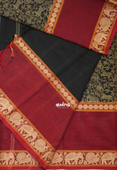 Jet Black - Classic Kanchi Cotton Vanasingaram Full Weaving with Blouse - Best for Temple Visit