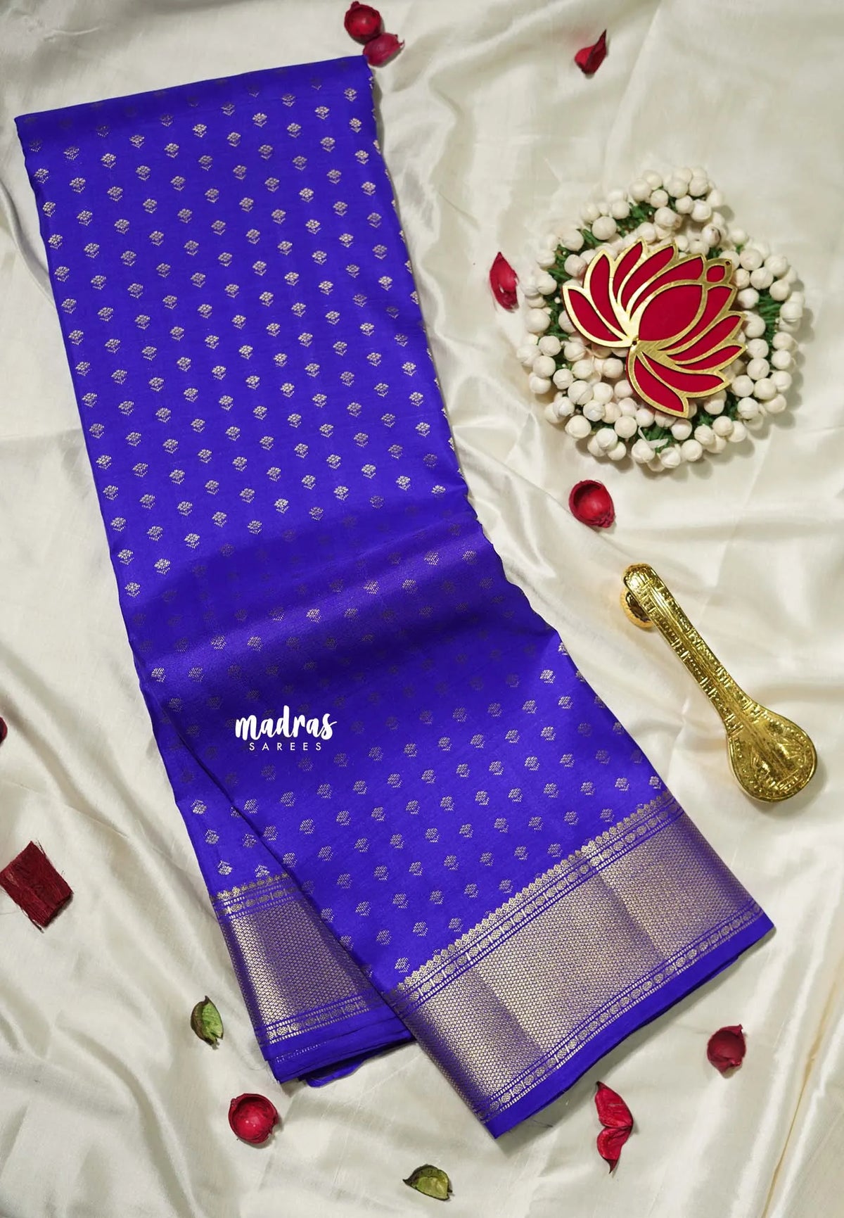 Violet Blue - Kumudavalli - Pure Kanchivaram Wedding Bridal Silk Saree with Flower Buttas and Ruddraksham Border - Perfect for Wedding Functions