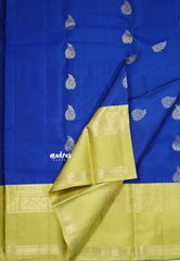 Royal Blue - Kumudavalli - Pure Kanchivaram Wedding Bridal Silk Saree Leaf Buttas with Floral Border - Perfect for Wedding Functions