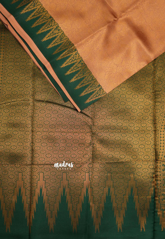 Thendral - Kanchi semi silk Saree vanasingaram with temple border - Peach with green