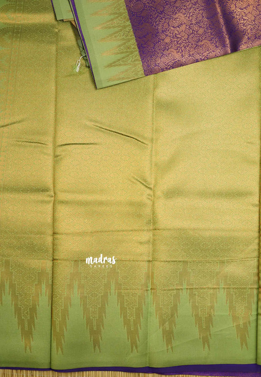 Thendral - Kanchi semi silk Saree vanasingaram with temple border - Purple with pastel green