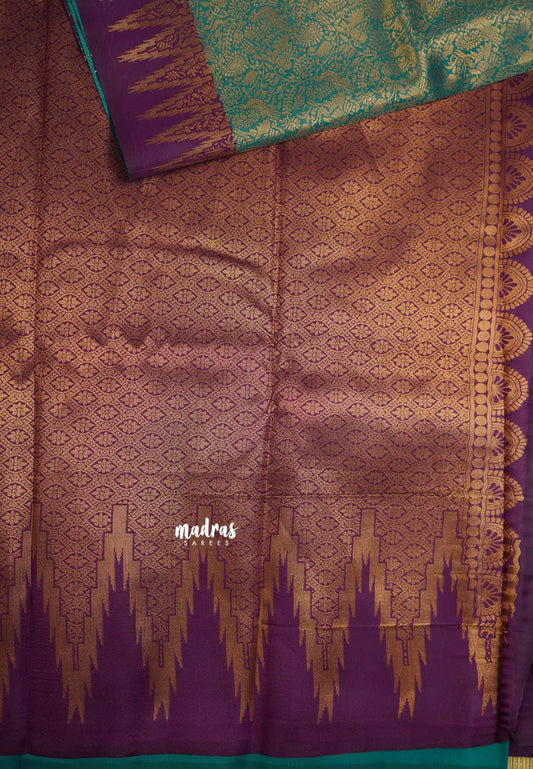 Thendral - Kanchi semi silk Saree vanasingaram with temple border - Teal with purple