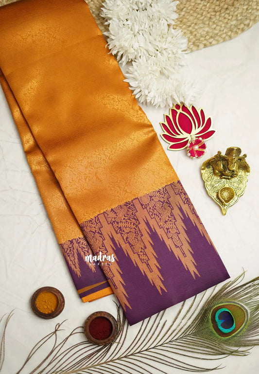 Thendral - Kanchi semi silk Saree vanasingaram with temple border - Orange with purple