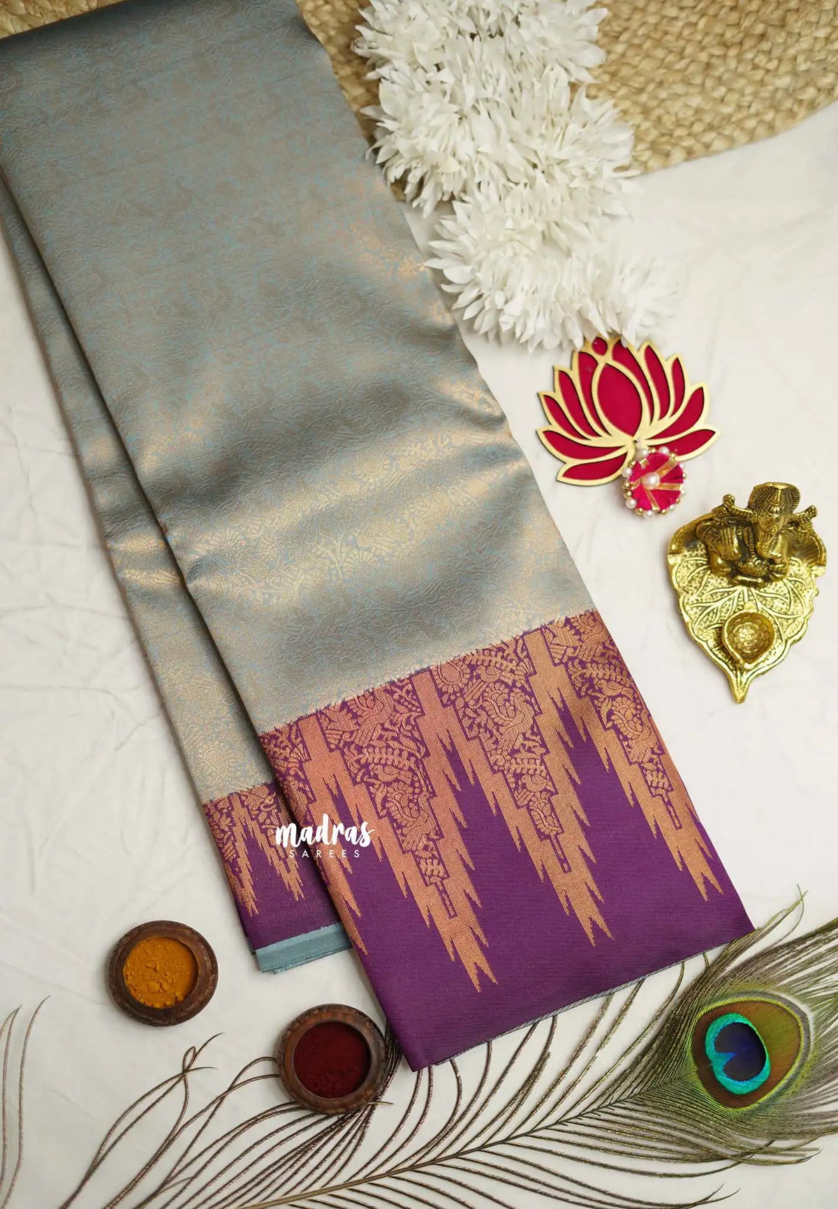 Thendral - Kanchi semi silk Saree vanasingaram with temple border - Ice blue with Purple