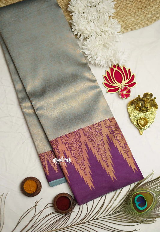 Thendral - Kanchi semi silk Saree vanasingaram with temple border - Ice blue with Purple