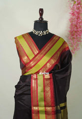 Dark Chocolate Brown - Kanimozhi - Premium Soft Silk Plian with Rudraksham, Mango Border - Best for Wedding Functions
