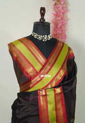 Dark Chocolate Brown - Kanimozhi - Premium Soft Silk Plian with Rudraksham, Mango Border - Best for Wedding Functions