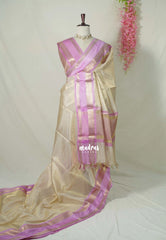 Golden Ivory Cream - Kanimozhi - Premium Soft Tissue Silk Saree with Mango Border - Best for Wedding Functions / onam