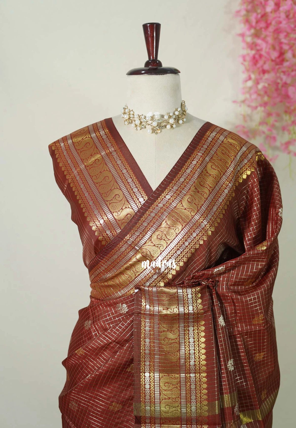 Brick Maroon - Kanimozhi - Soft Silk Zari Checks with antique meenakari Border - Best for Wedding Wear