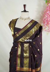 Dual Shade Dark Chocolate Brown - Kanimozhi - Premium Soft Silk with Rudraksham, Mango Border and Buttas - Best for Wedding Functions