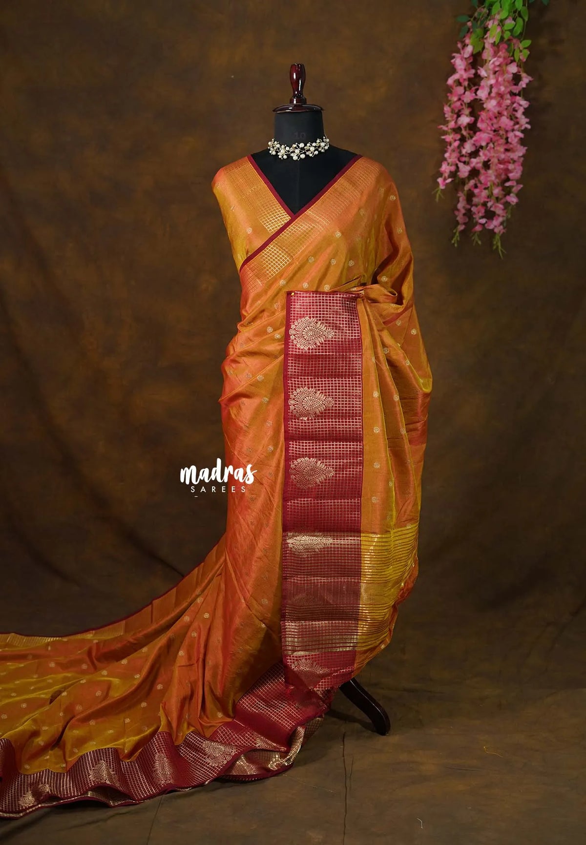 Dual Shade Mustard Orange - Kanimozhi - Soft Silk with Buttas and Checks in Border - Best for Function Wear
