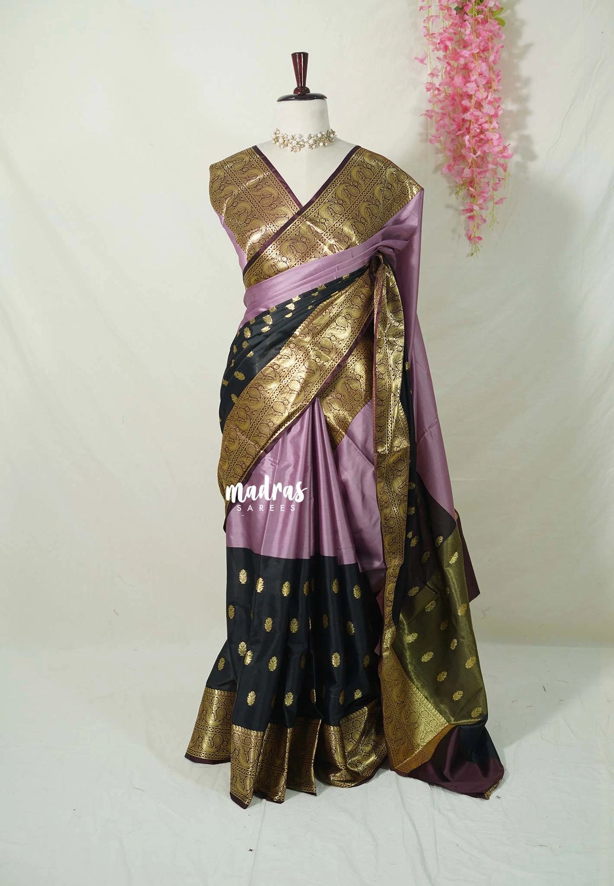 Jet Black with Mauve - Kanimozhi - Soft Silk Saree Half and Half Saree with Buttas - Best for Wedding Functions