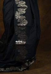 Jet Black - Kanimozhi - Soft Silk Saree with Floral Zari Border - Perfect for Small Functions