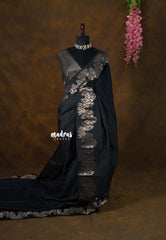 Jet Black - Kanimozhi - Soft Silk Saree with Floral Zari Border - Perfect for Small Functions