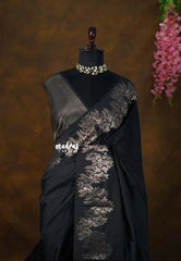 Jet Black - Kanimozhi - Soft Silk Saree with Floral Zari Border - Perfect for Small Functions