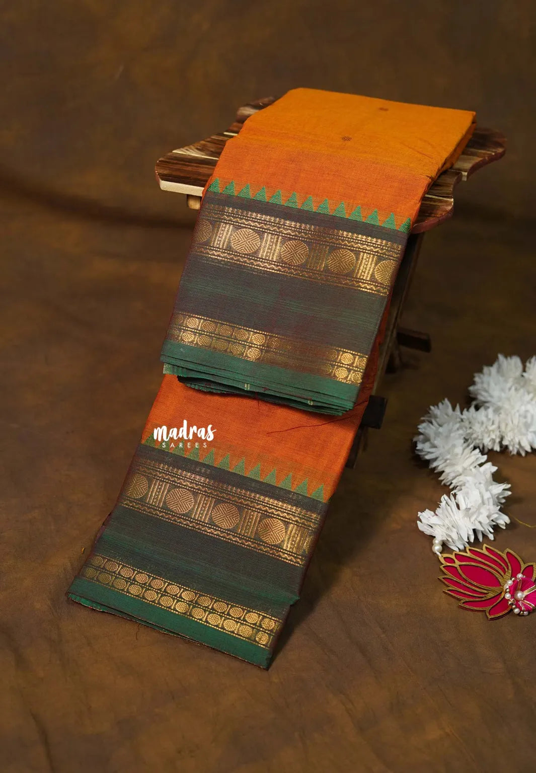 Turmeric Orange - Karthigai Silk Cotton Rettapet rudraksham border with Buttas - Best for Gifting