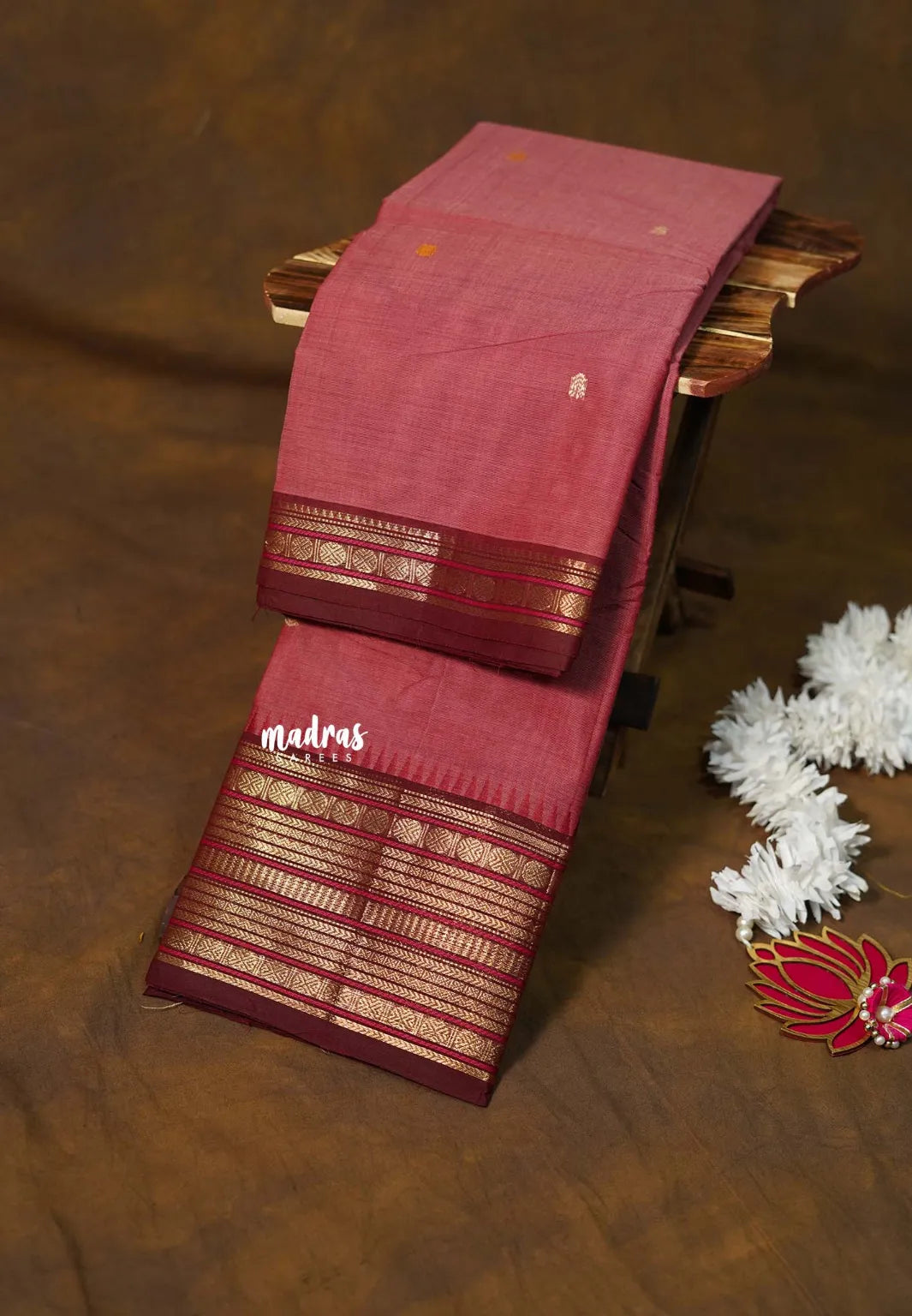 Rosewood Pink - Karthigai silk cotton body multiborder with Rudraksham - Best for Gifting