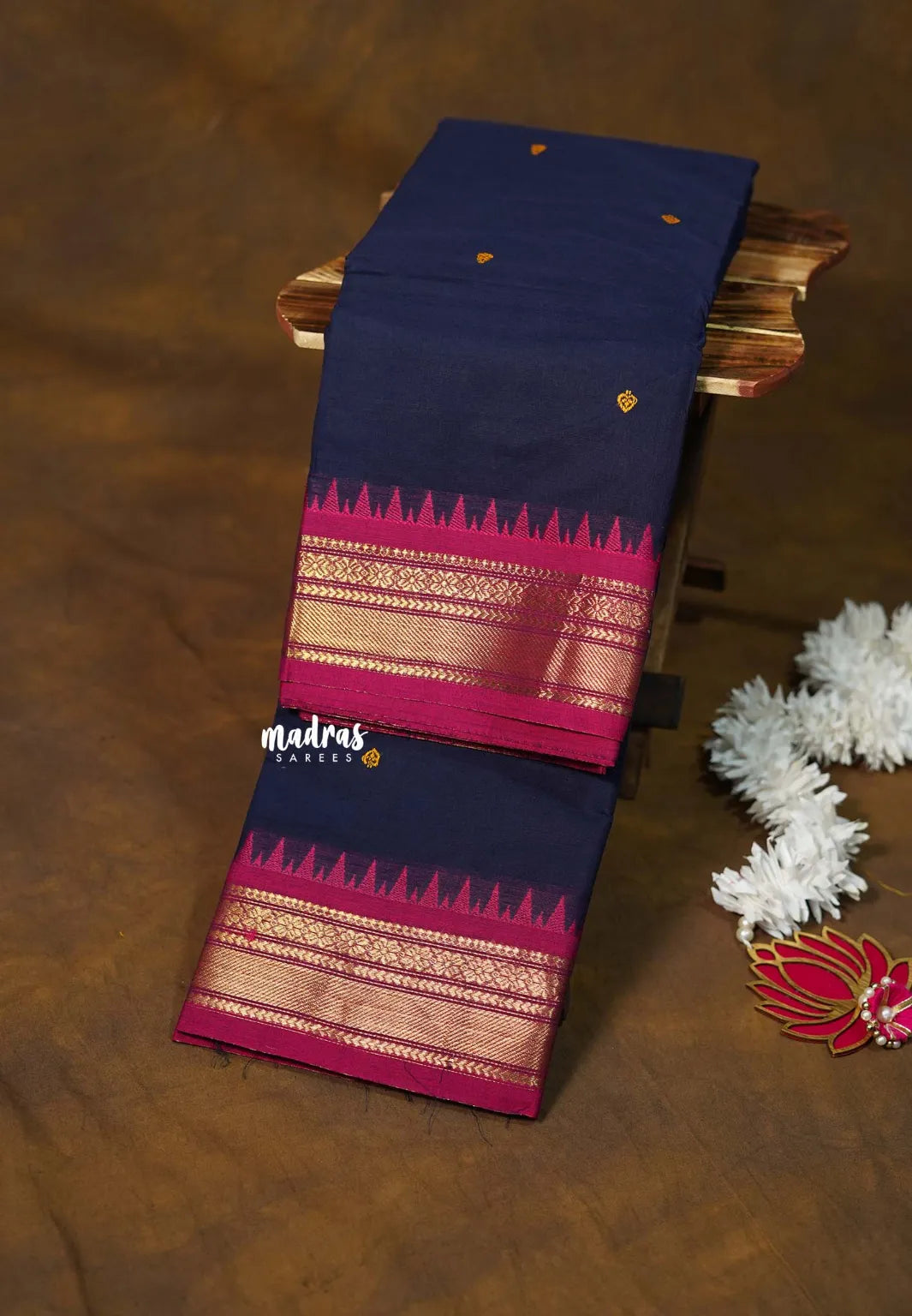 Navy Blue  - Karthigai silk cotton with buttas small Bavanji Flower border - Best for Gifting