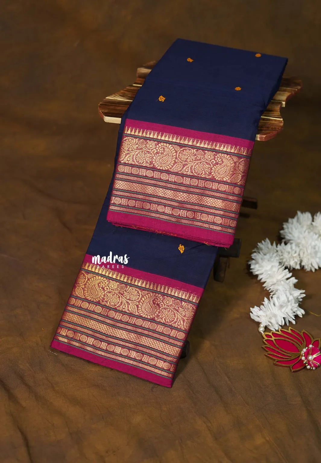 Midnight Blue - Karthigai silk cotton buttas with mango and floral border - Best for Gifting