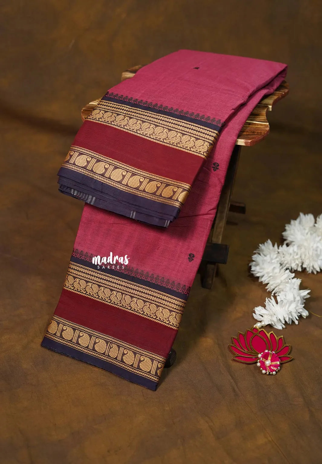 Rosewood Pink - Karthigai silk cotton annam mango border with buttas - Best for Gifting