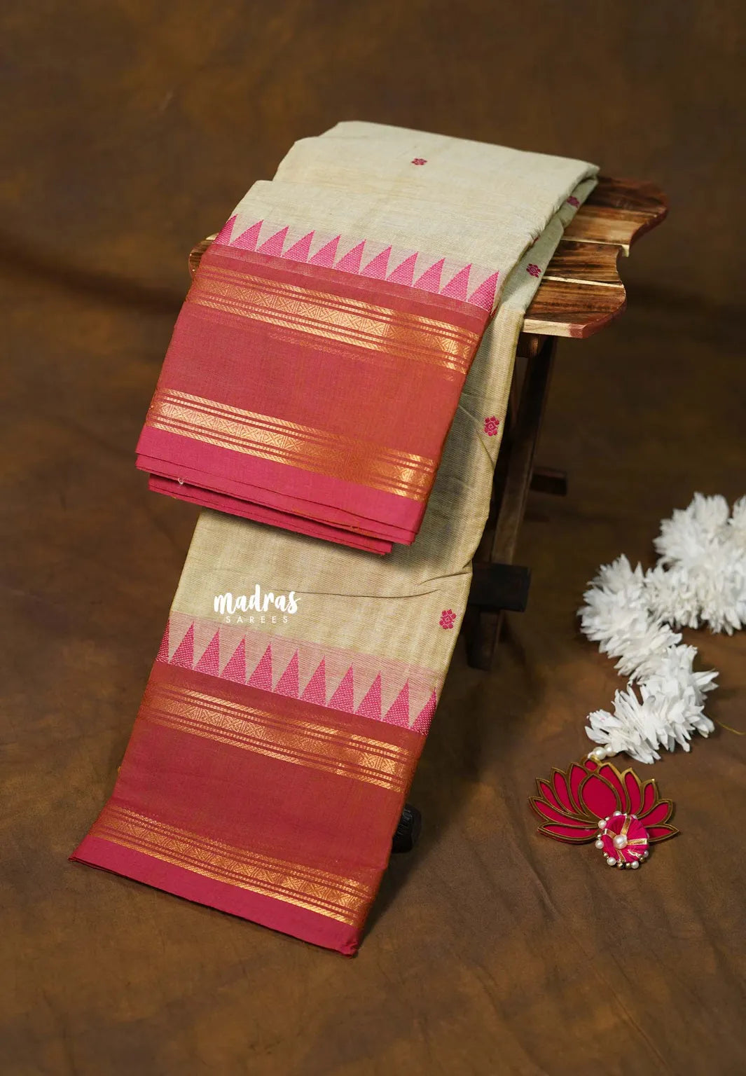 Dual Shade Beige - Karthigai silk cotton rettapet temple border with Buttas - Best for Gifting