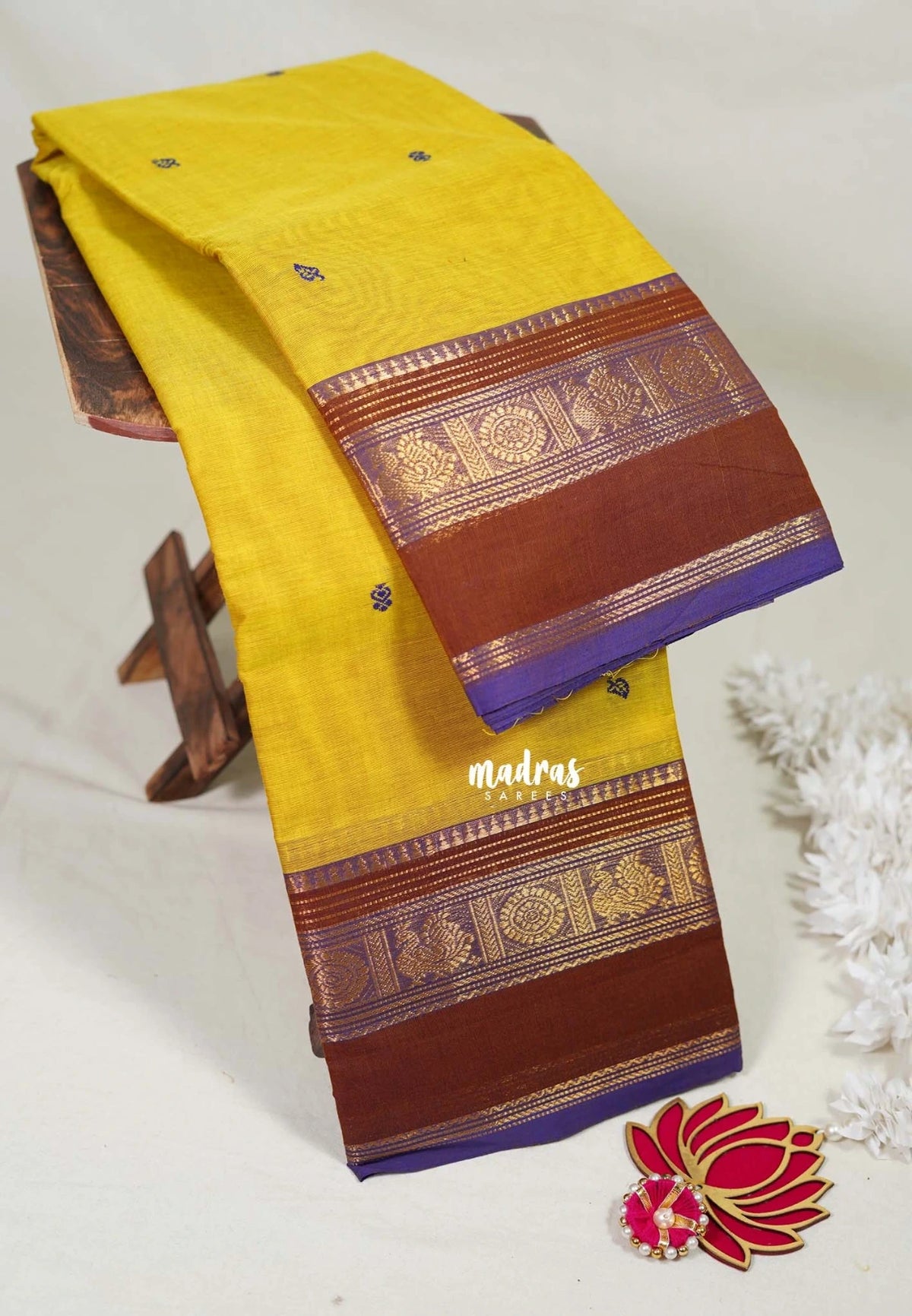 Lemon Yellow - Karthigai Mercerised cotton Multiline with Mayil Border and Buttas - Best for Pooja Functions