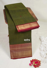 Dark Olive Green - Karthigai Mercerised Cotton Getti zari with Stripes in Border and Buttas - Best for Pooja Wear | Festive Wear