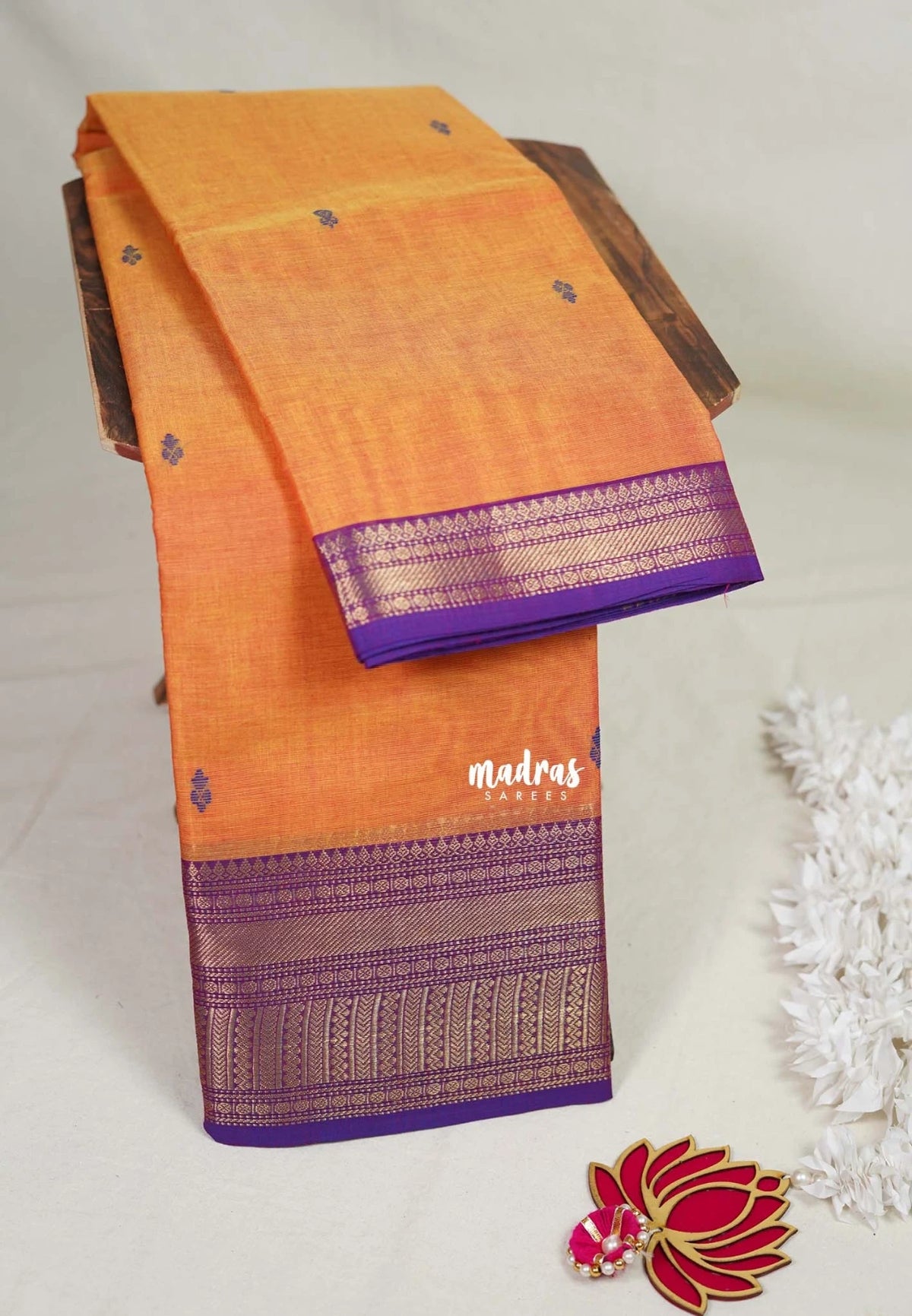 Dual Shage Orange - Karthigai Mercerised Cotton Getti zari with Stripes in Border and Buttas - Best for Pooja Wear | Festive Wear