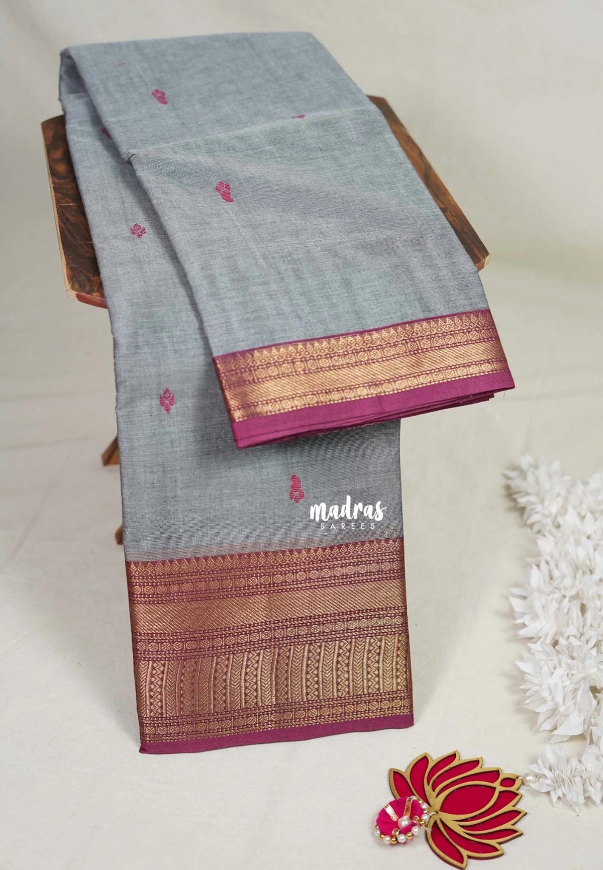Light Bluish Grey - Karthigai Mercerised Cotton Getti zari with Stripes in Border and Buttas - Best for Pooja Wear | Festive Wear