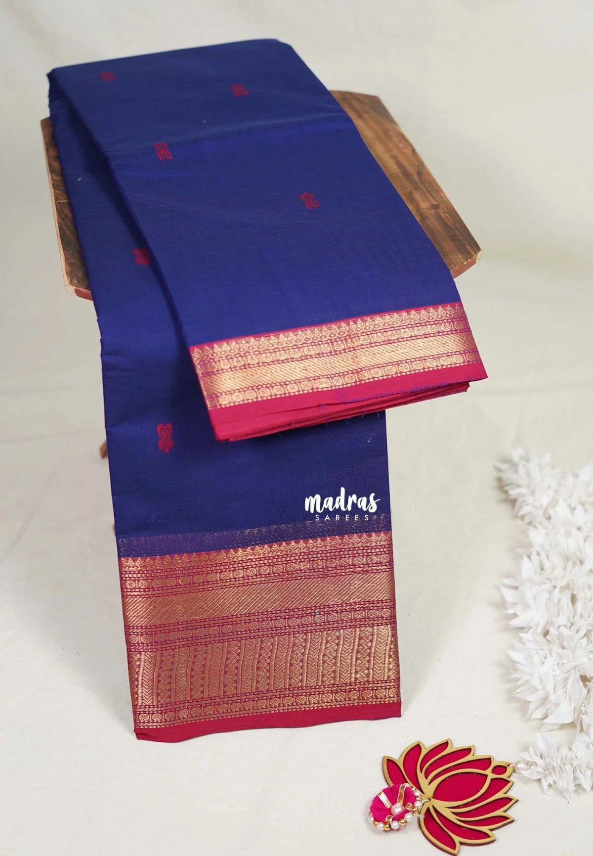 Navy Blue - Karthigai Mercerised Cotton Getti zari with Stripes in Border and Buttas - Best for Pooja Wear | Festive Wear