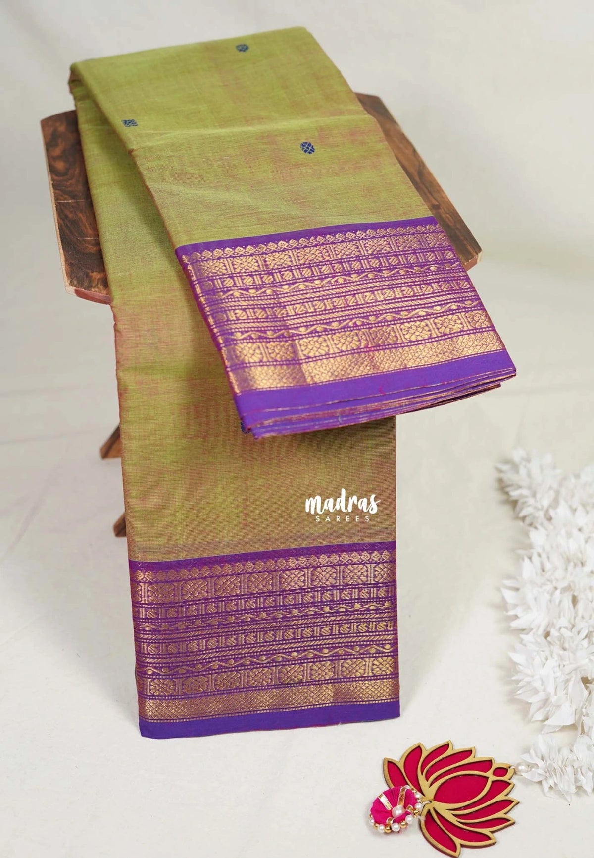 Dual Shade Green - Karthigai Mercerised cotton with buttas multi mango, flower border - Best for Pooja Functions