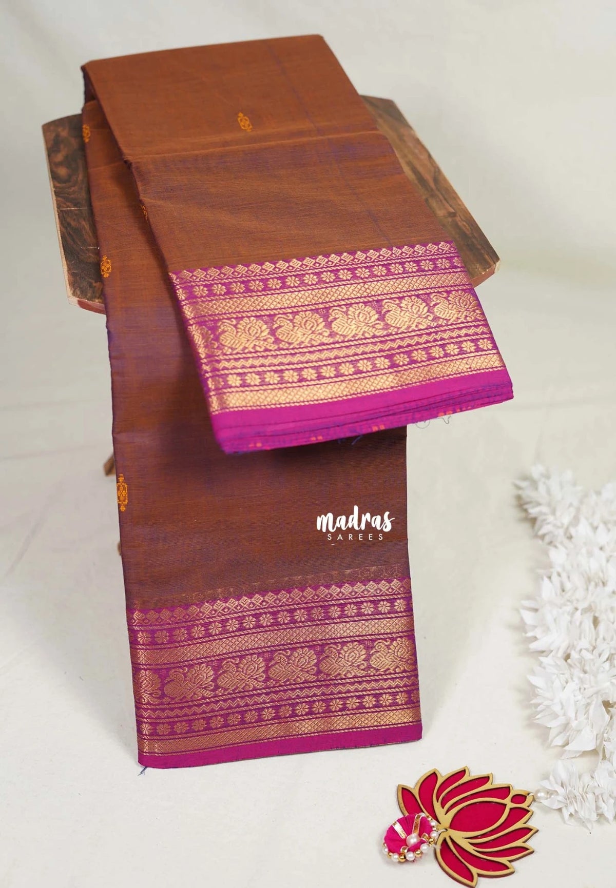 Dual Shade Brown - Karthigai Mercerised cotton with buttas mayil border - Best for Pooja Functions