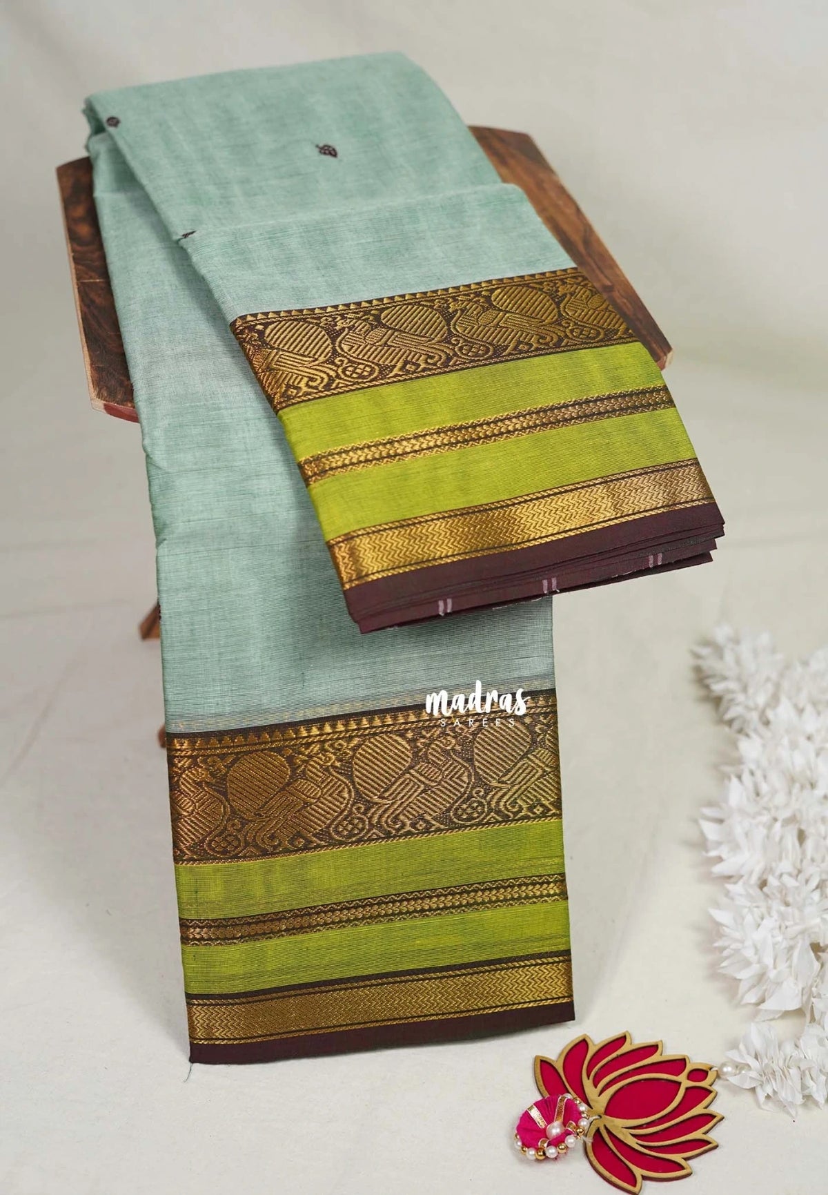 Mild Sage Green - Karthigai Mercerised cotton with buttas mayil border - Best for Wedding Functions