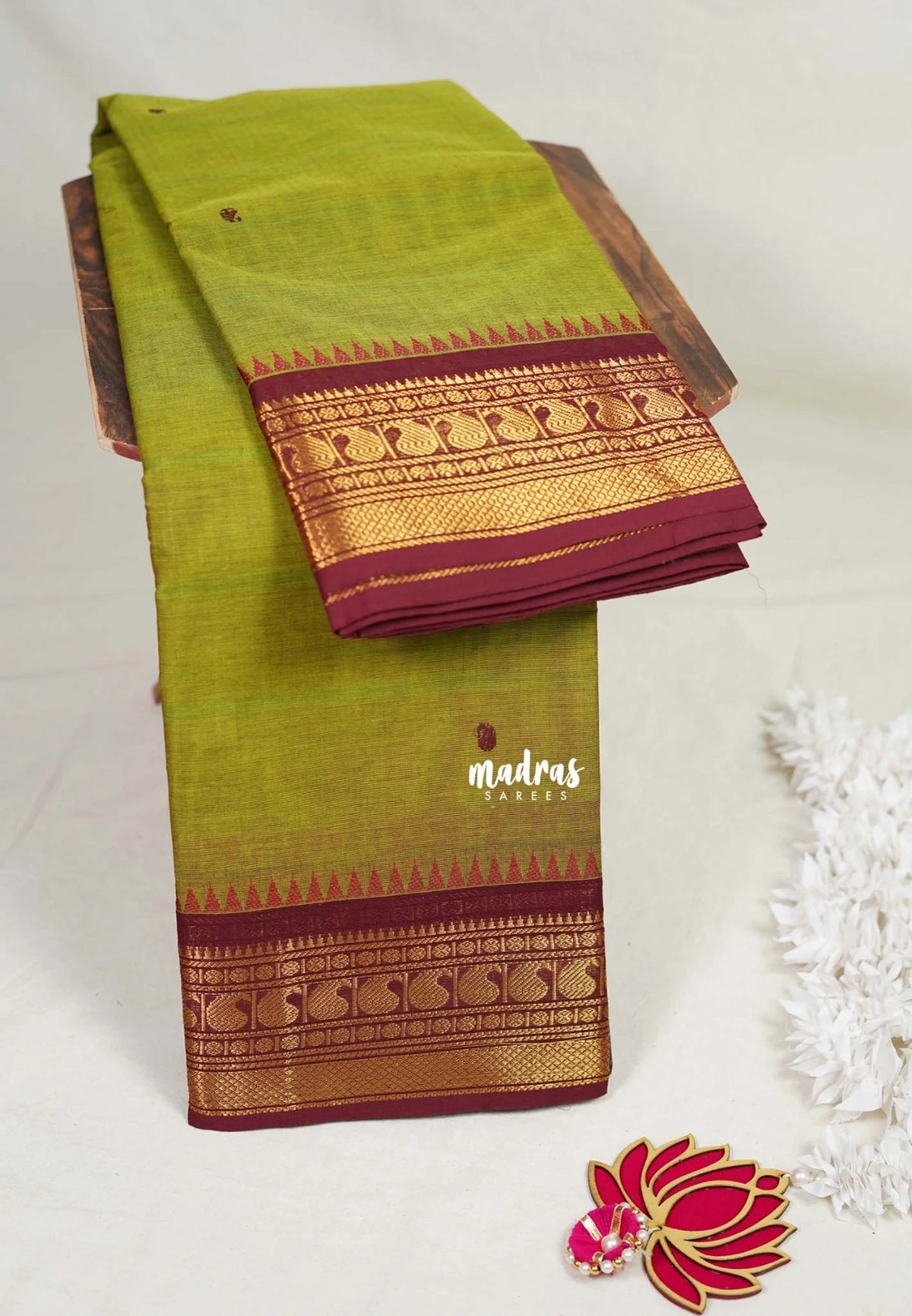 Olive Mehndi Green - Karthigai Mercerised cotton Saree Bavanji and Mango border with buttas - Best for Wedding Functions