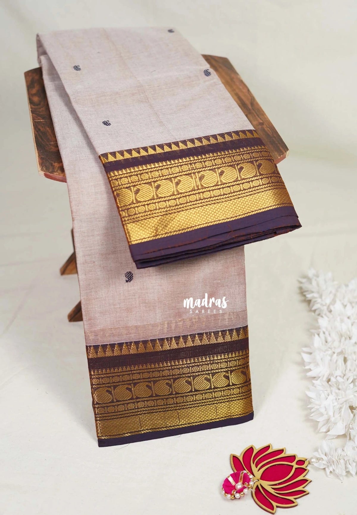 Mauve Grey - Karthigai Mercerised cotton Saree Bavanji and Mango border with buttas - Best for Wedding Functions