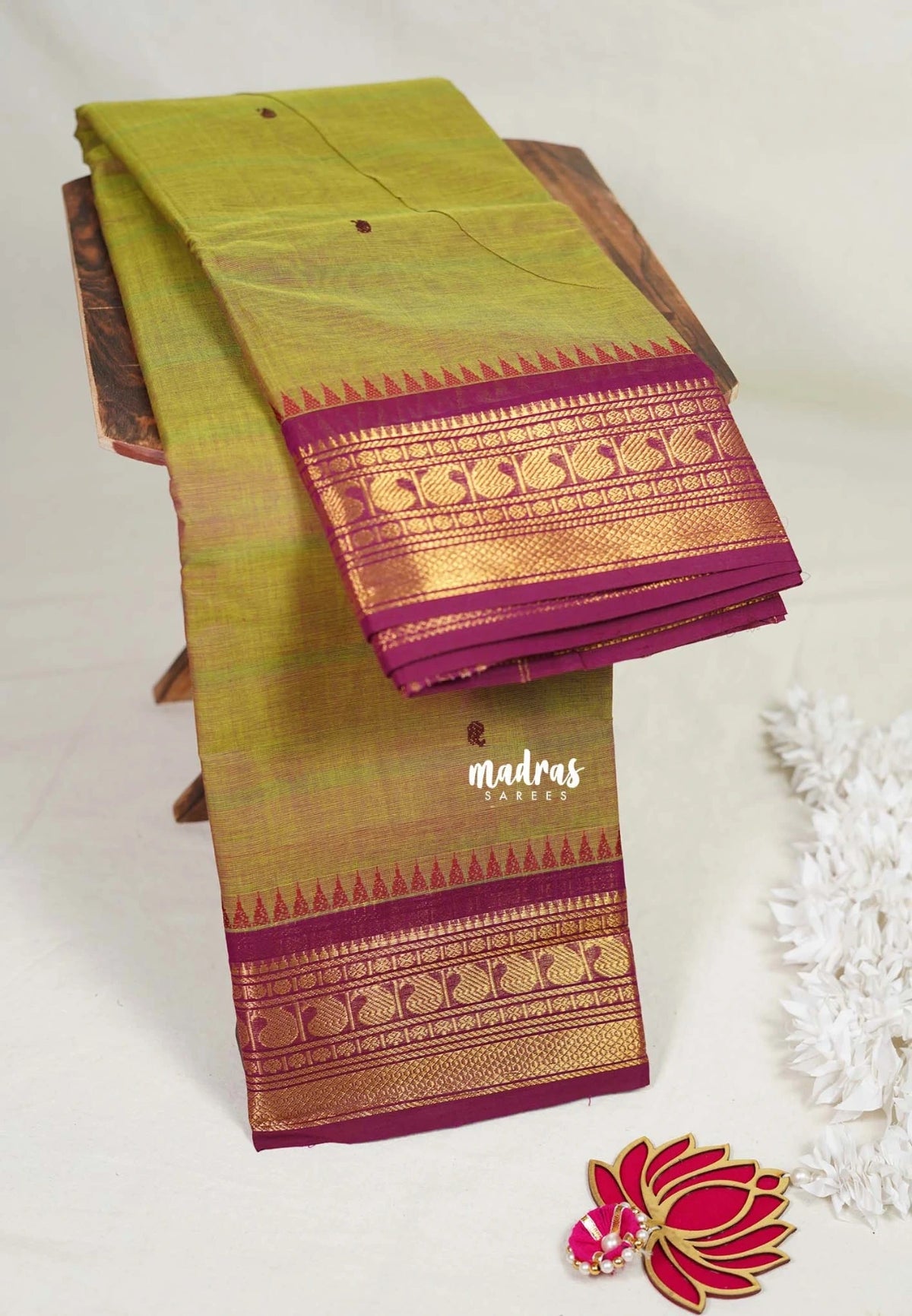 Dual Shade Olive Green - Karthigai Mercerised cotton Saree Bavanji and Mango border with buttas - Best for Wedding Functions