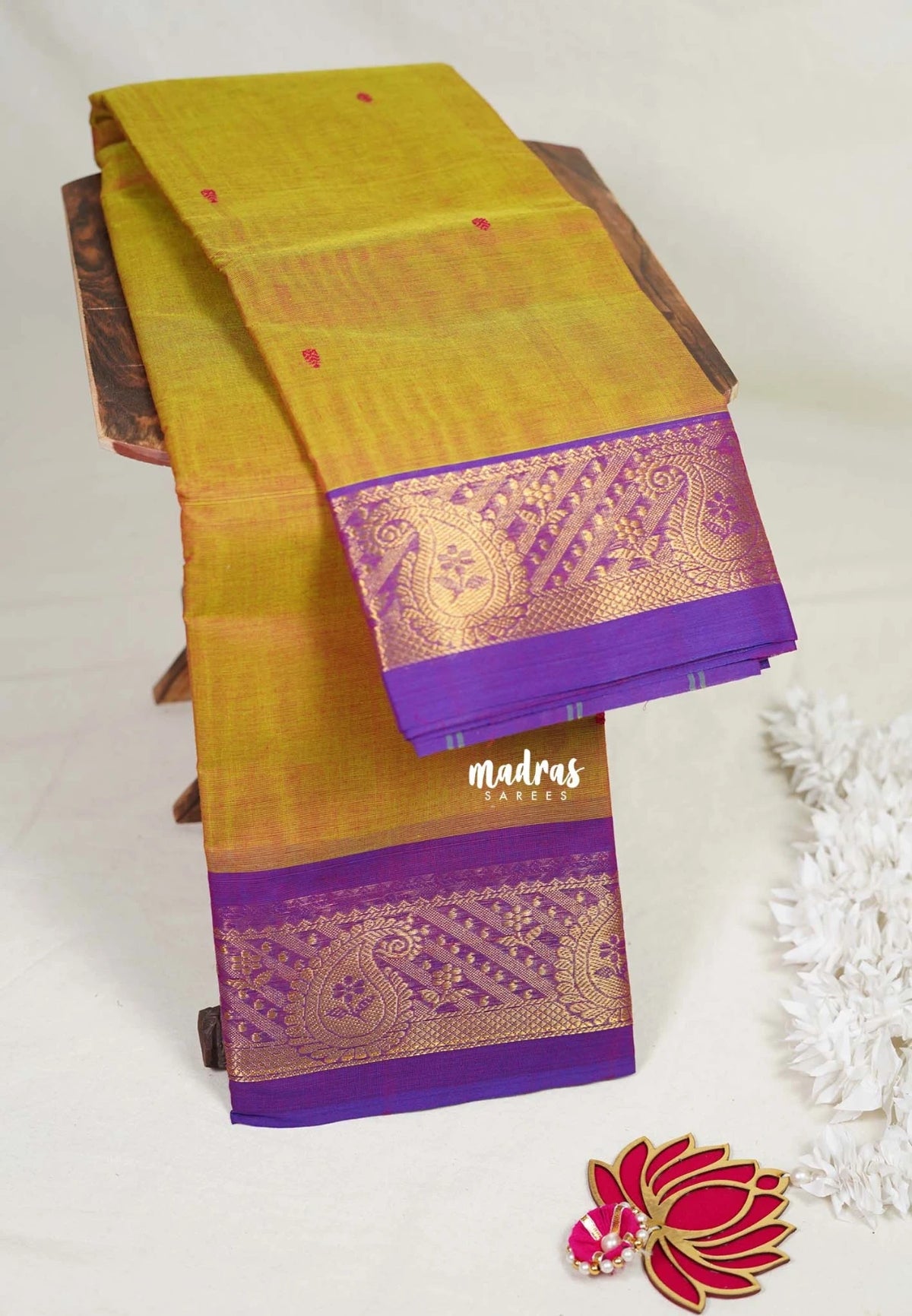 Dual Shade Lime Green - Karthigai Mercerised Cotton Body Mango Border with Buttas - Best for Temple Visit