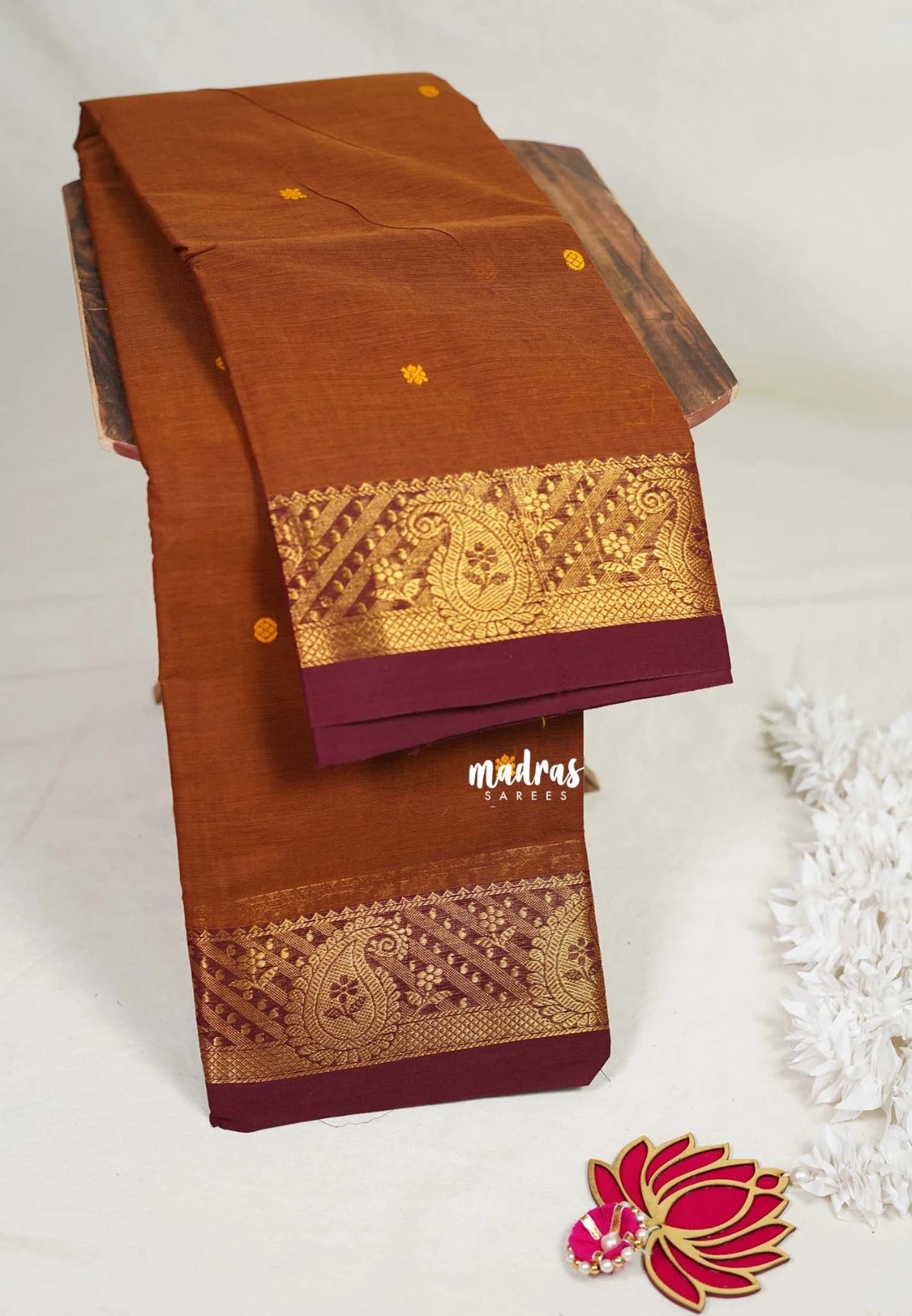 Mustard Brown - Karthigai Mercerised Cotton Body Mango Border with Buttas - Best for Temple Visit