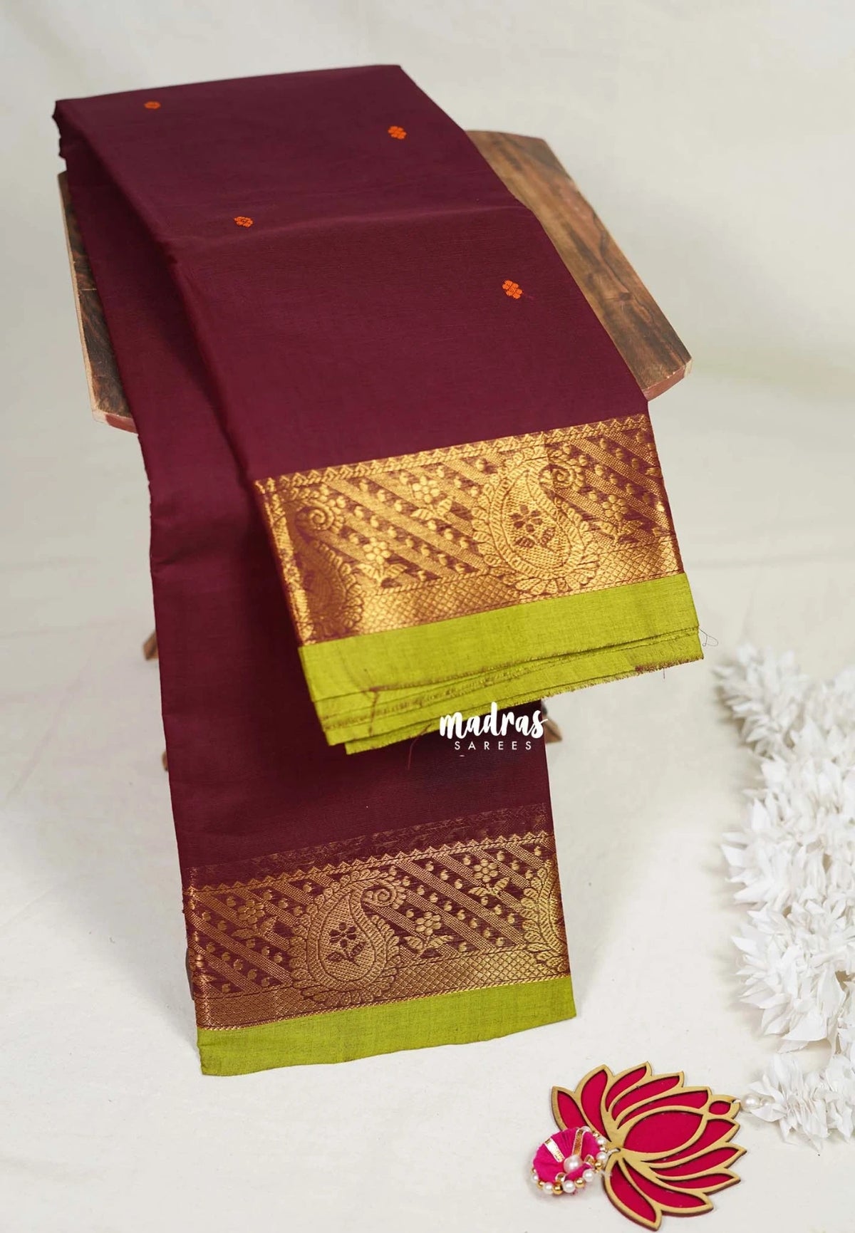 Coffee Brown - Karthigai Mercerised Cotton Body Mango Border with Buttas - Best for Temple Visit