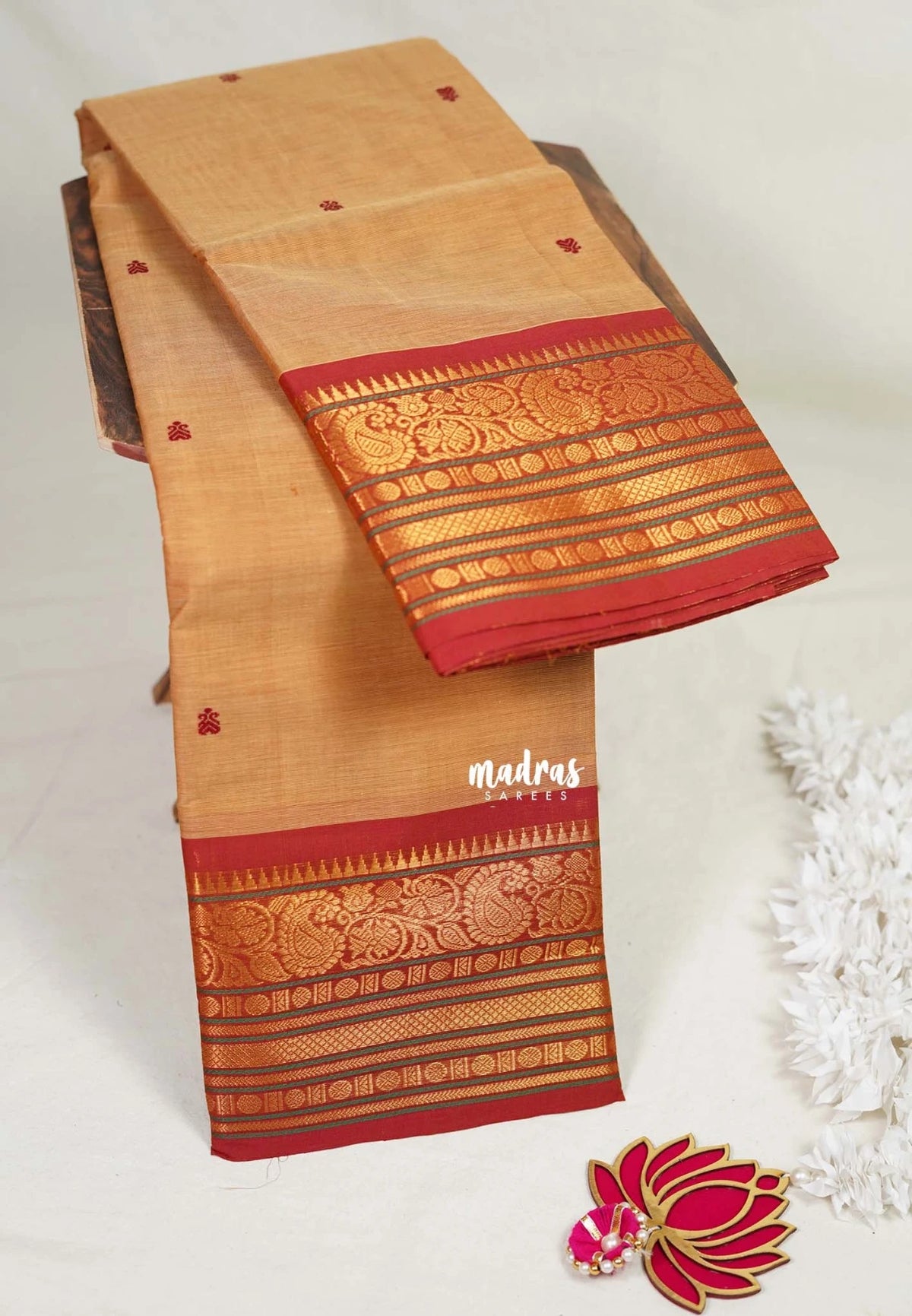 Beige Peach - Karthigai Mercerised cotton buttas with mango and floral border - Best for Wedding Functions