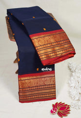 Navy Blue & Red - Karthigai Mercerised cotton buttas with mango and floral border - Best for Wedding Functions