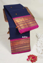 Navy Blue & Pink - Karthigai Mercerised cotton buttas with mango and floral border - Best for Wedding Functions