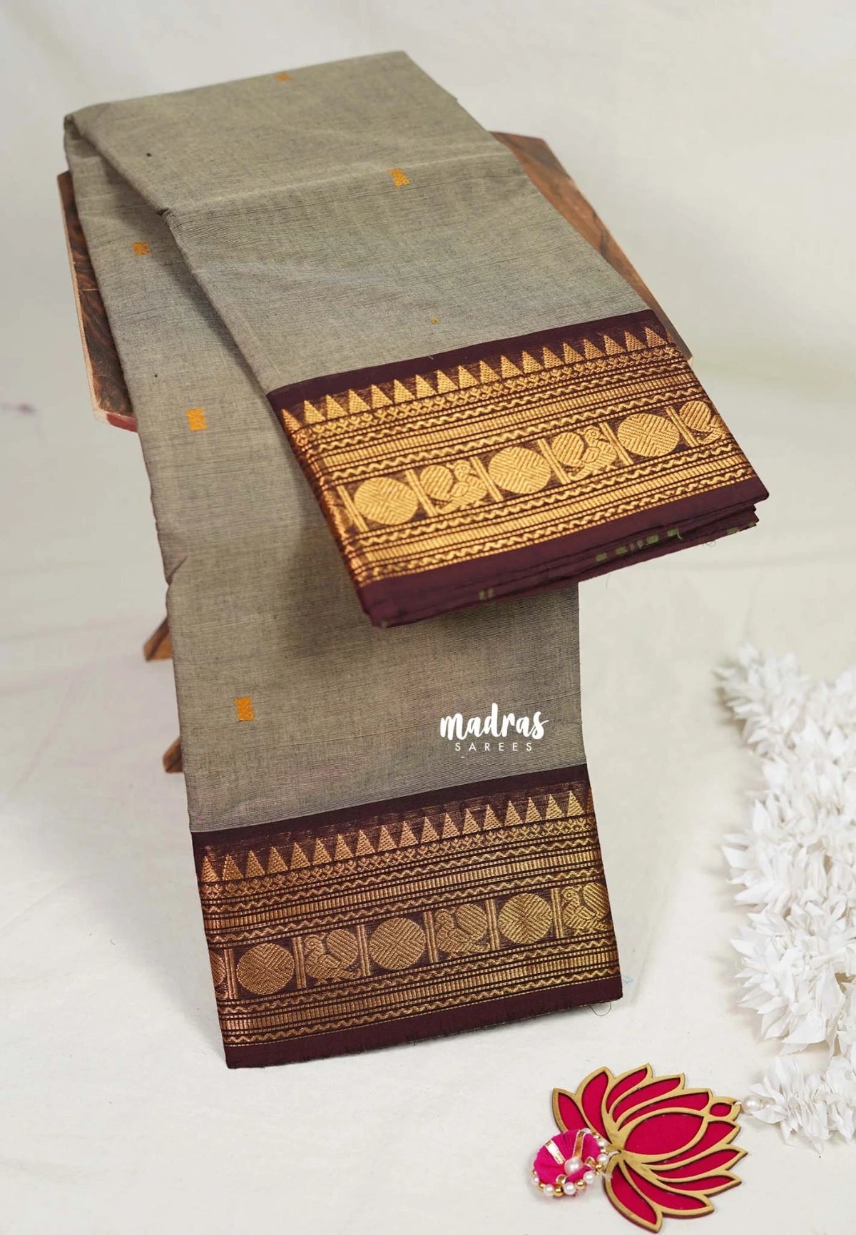 Grey - Karthigai Mercerised Cotton Body Annam, Rudraksham Border with Buttas - Best for Temple Visit