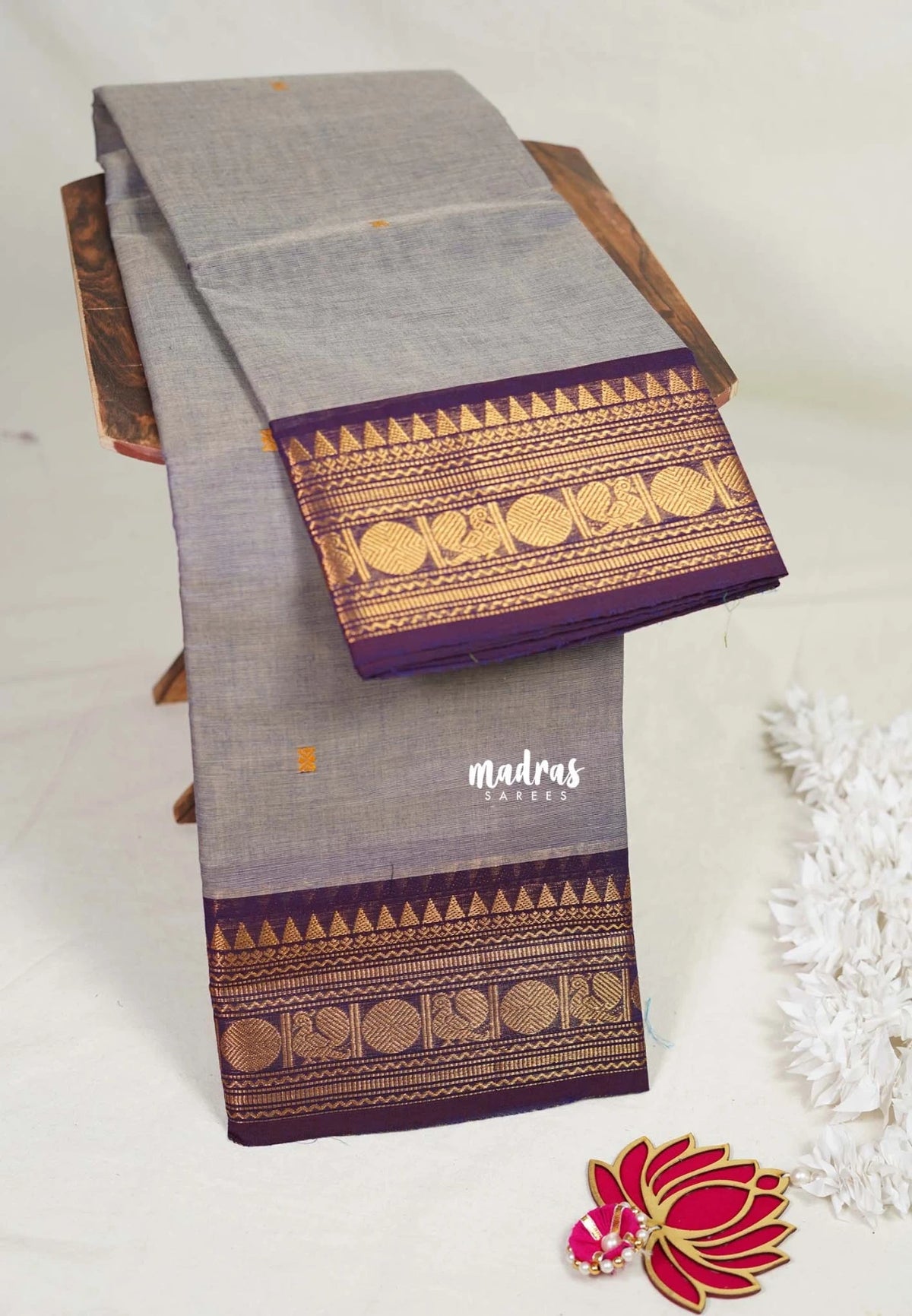 Purple Grey - Karthigai Mercerised Cotton Body Annam, Rudraksham Border with Buttas - Best for Temple Visit