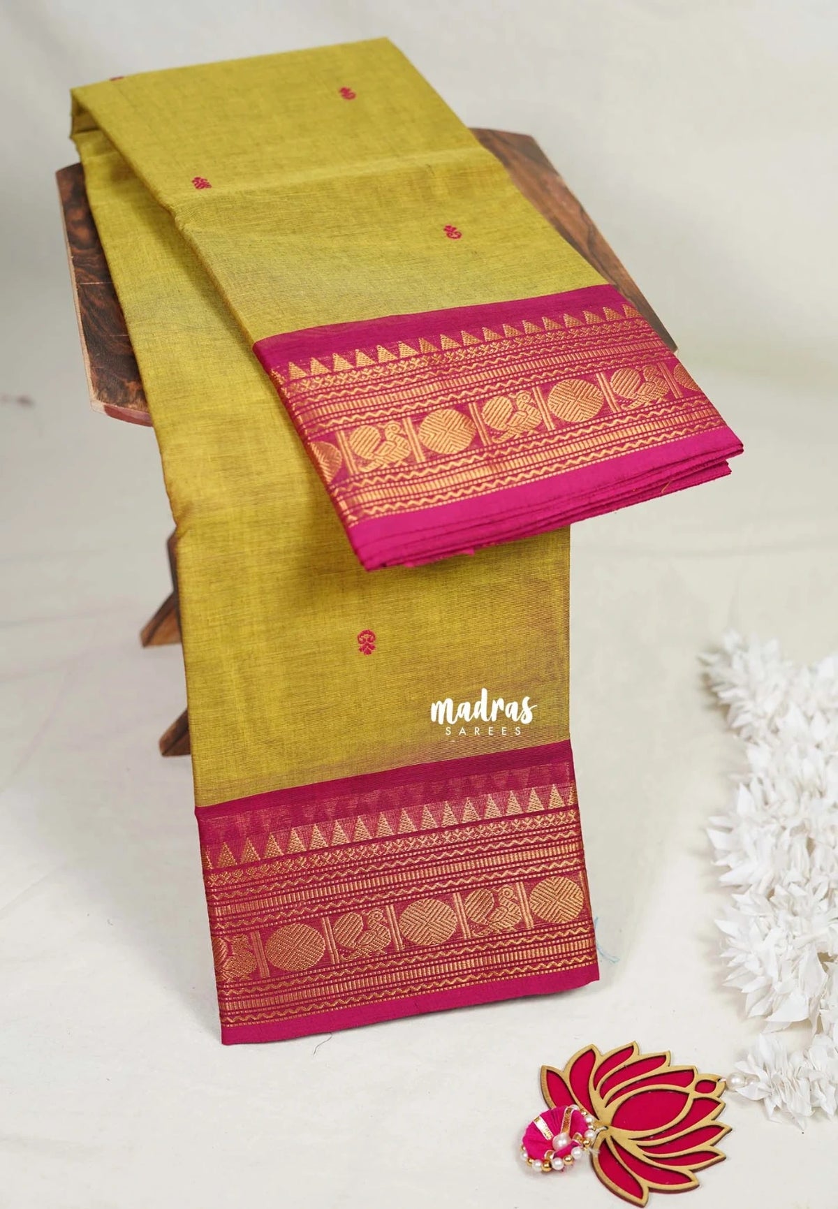 Yellowish Green - Karthigai Mercerised Cotton Body Annam, Rudraksham Border with Buttas - Best for Temple Visit