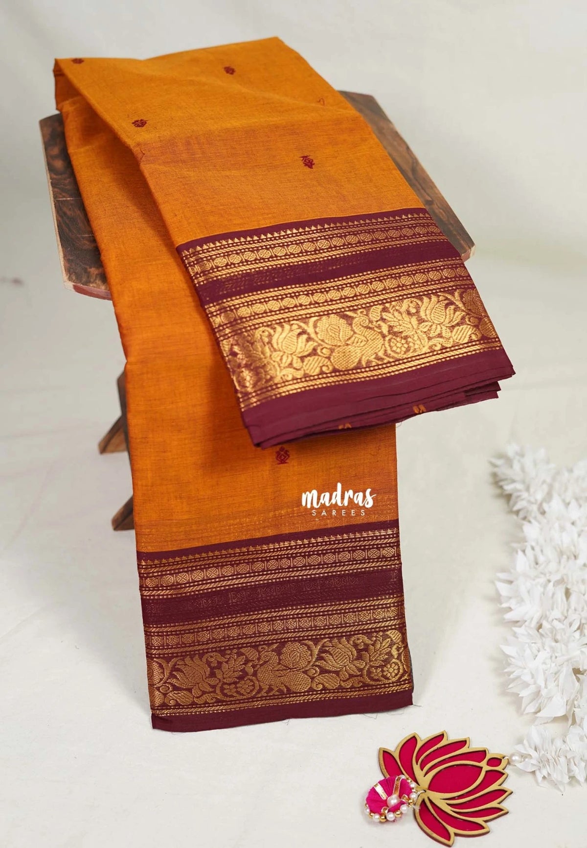 Turmeric Orange - Karthigai Mercerised cotton Rettapet Rudraksham, Mayil Border and Buttas - Best for Pooja Functions