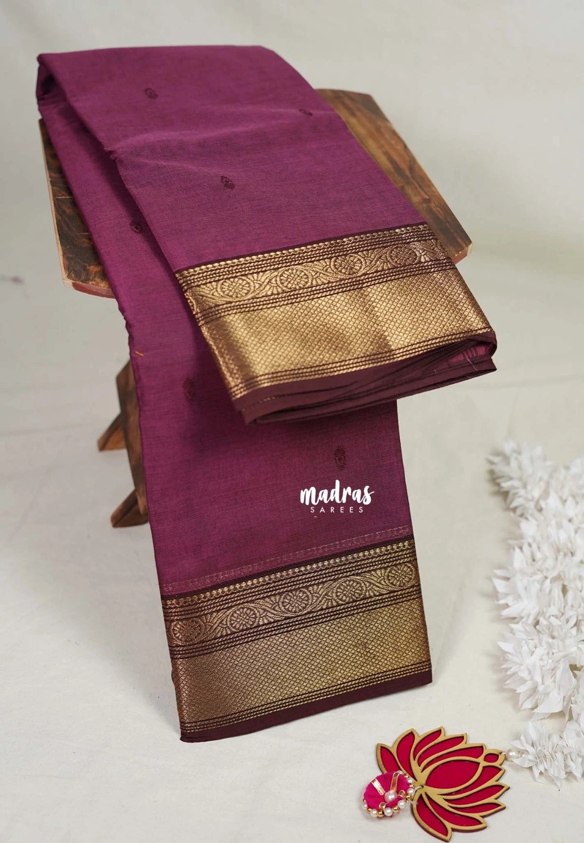 Muted Beet Pink - Karthigai Mercerised Cotton Bavanji Flower Border with Buttas - Best for Pooja Funtions | Temple Visit